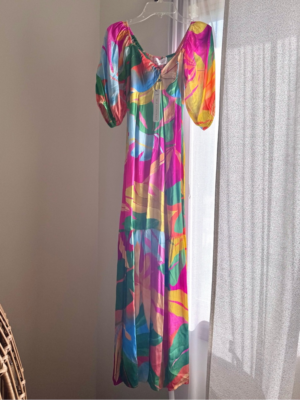 Self Contrast Tropical Print Puff Sleeve/Off the Shoulder Maxi Dress NWT